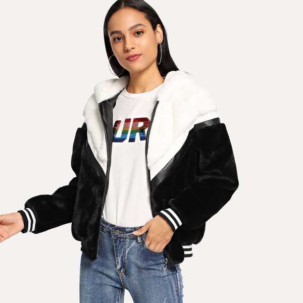 

Zip Front Color Block Hoodie Teddy Coat