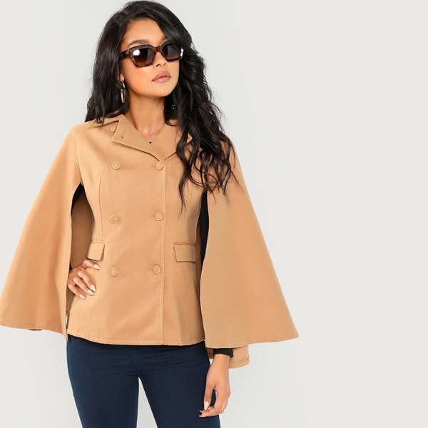 

Button & Pocket Up Cloak Sleeve Coat, Khaki