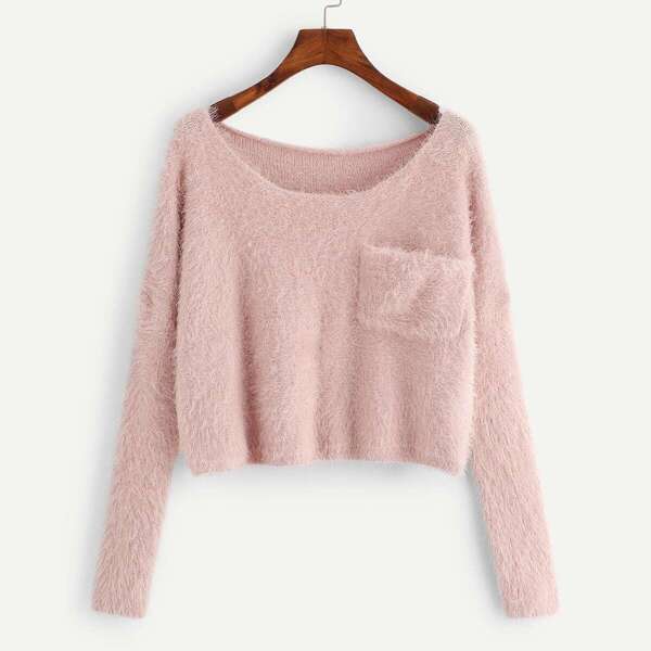

Pocket Patched Solid Fuzzy Sweater