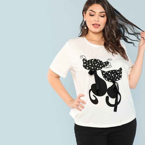 

Plus Cat Print Pearl Beading T-shirt