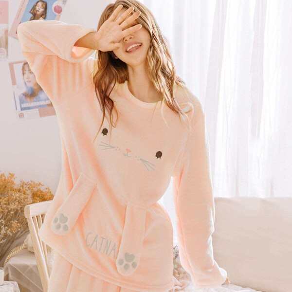 

Cat Embroidered Plush Pajama Set