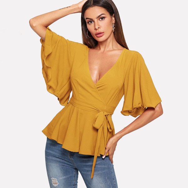 

Flounce Sleeve Wrap Belted Peplum Tea Top, Yellow