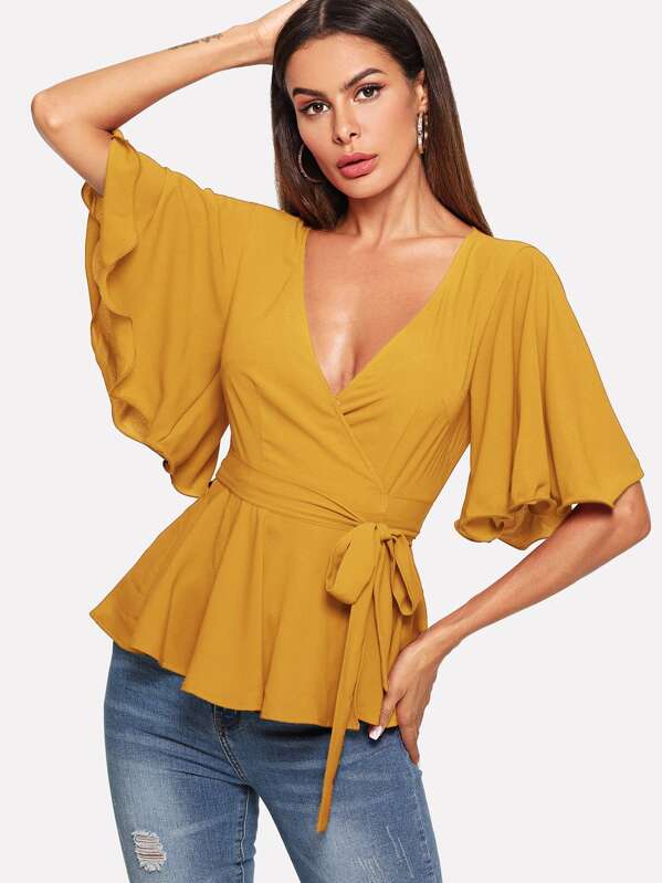 

Flounce Sleeve Wrap Belted Peplum Tea Top, Yellow, Andy