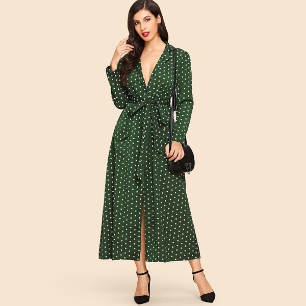 

Polka Dot Belted Pockets Detail Dress, Green