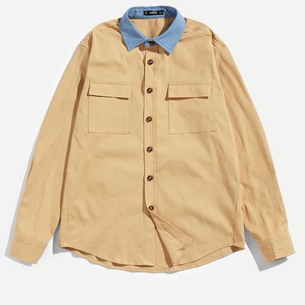 

Men Flap Pocket Contrast Collar Shirt