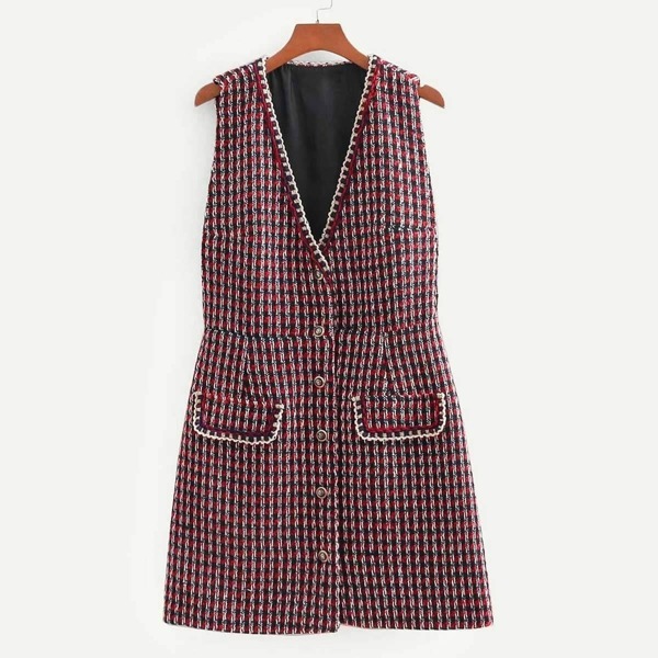 

Whipstitch Trim Button Through Tweed Dress, Red