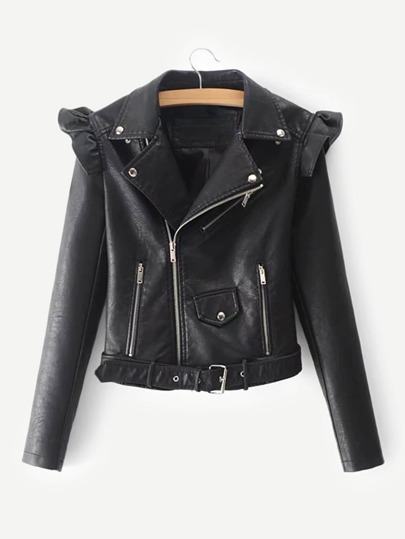 Faux Leather Ruffle Trim Belted Biker Jacket