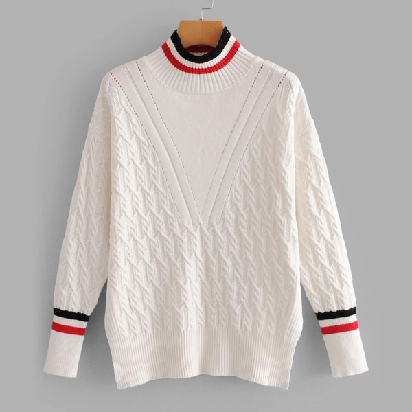 

Contrast Stripe Trim Cable Knit Sweater