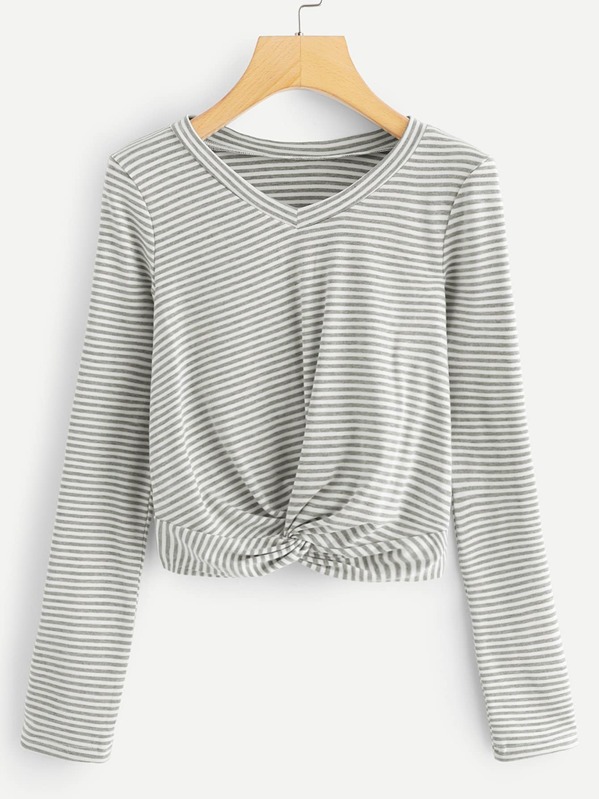 

Striped Twist V Neck Tee, Grey