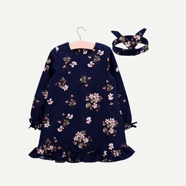 

Toddler Girls Ruffle Hem Floral Print Dress & Headband