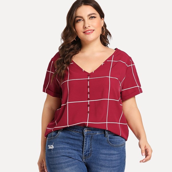

Plus Button Detail Grid Print Blouse