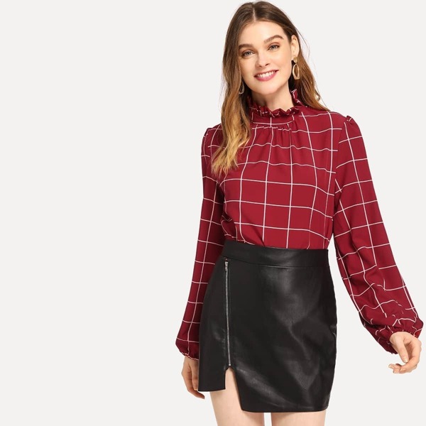 

Frilled Collar Grid Top