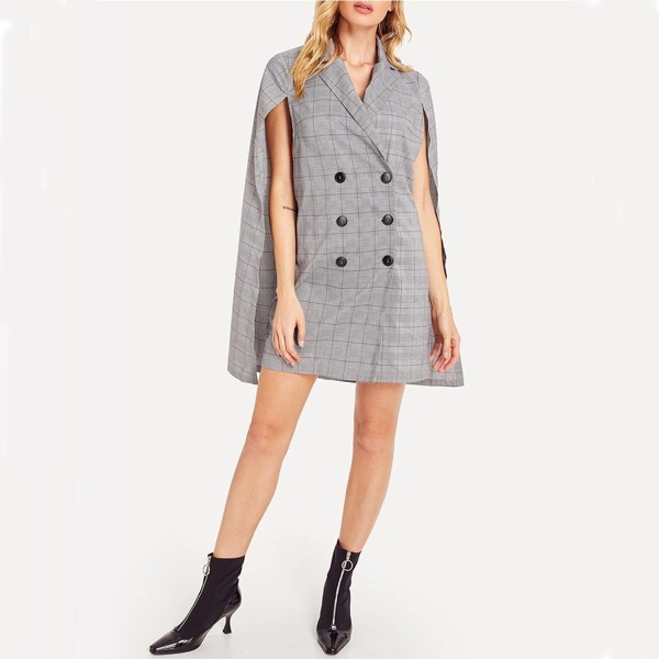 

Double Breasted Plaid Cape Blazer Dress, Grey