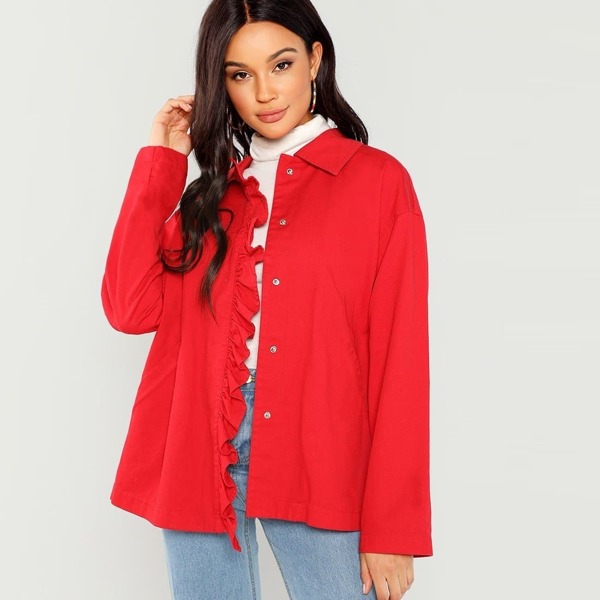 

Pocket Patched Front Frill Jacket, Red
