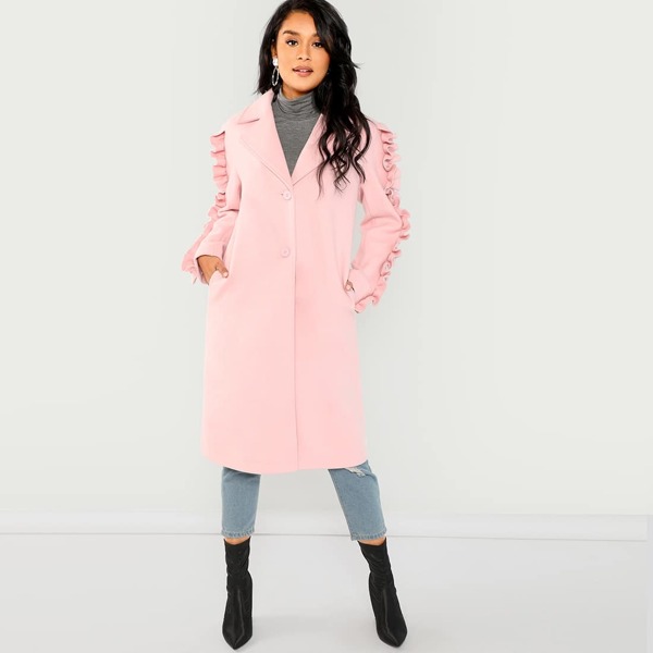 

Frill Trim Button Up Longline Coat, Pink