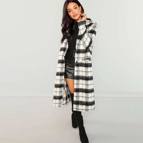 

Button Up Fuzzy Plaid Coat, Black and white
