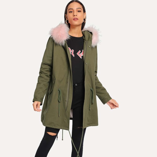 

Drawstring Detail Faux Fur Insert Parka Coat