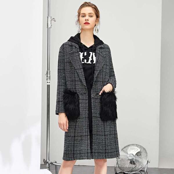 

Faux Fur Pocket Plaid Coat, Grey