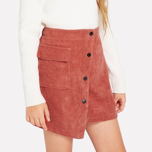 

Girls Button Up Flap Pocket Corduroy Skirt