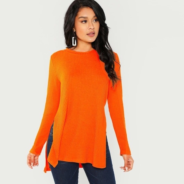 

Neon Orange Dip Hem Split Side Casual T-shirt