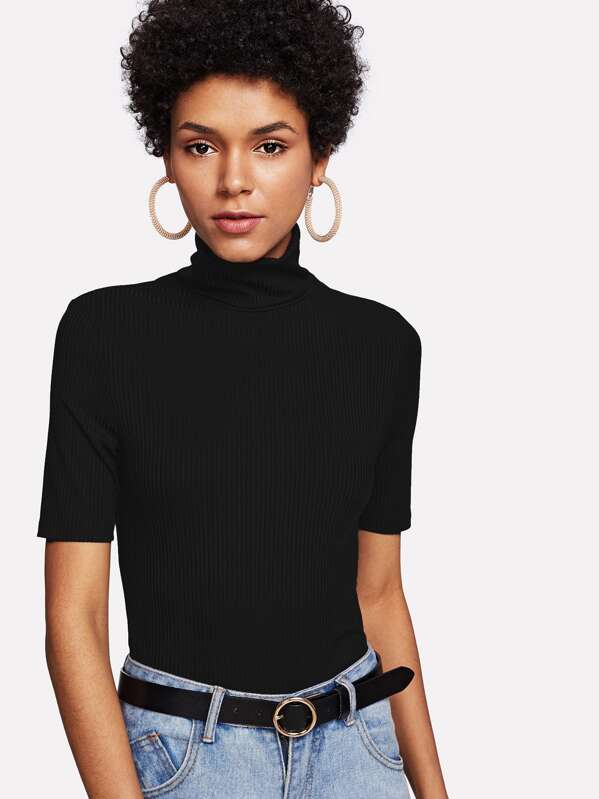 

High Neck Rib Knit T-shirt, Black, Ana