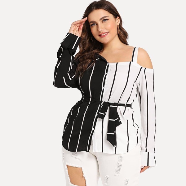 

Plus Striped Open Shoulder Blouse, Black and white