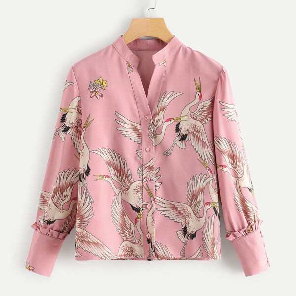 

Frill Detail Crane Print Blouse