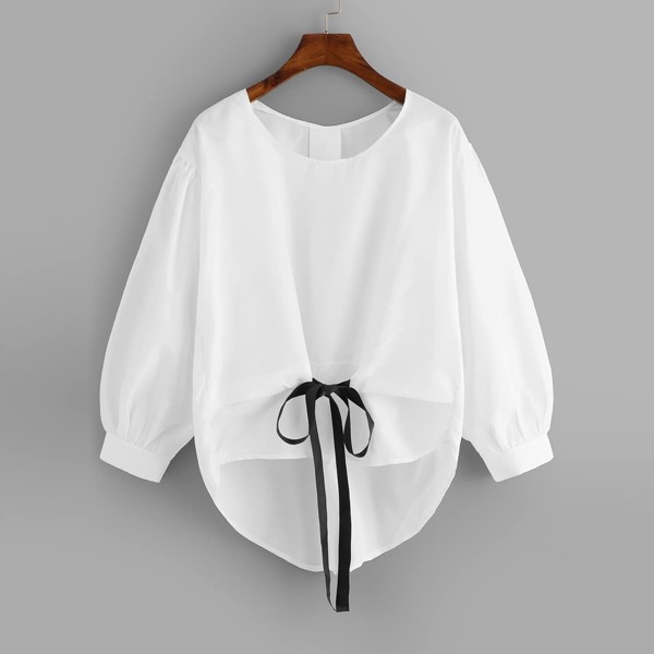 

Ribbon Tie Lantern Sleeve Dip Hem Blouse, White