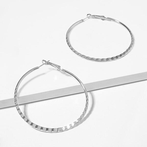 

Waved Detail Oversize Hoop Earrings 1pair, Silver