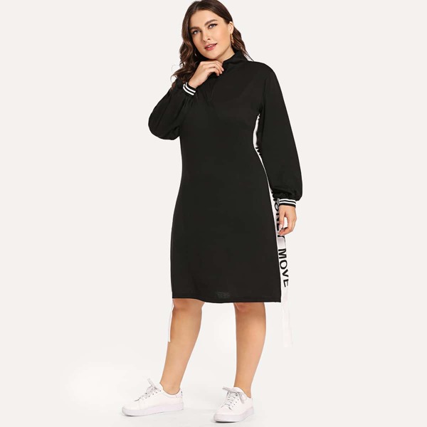 

Plus Letter Tape Side Mock Neck Sweatshirt Dress, Black