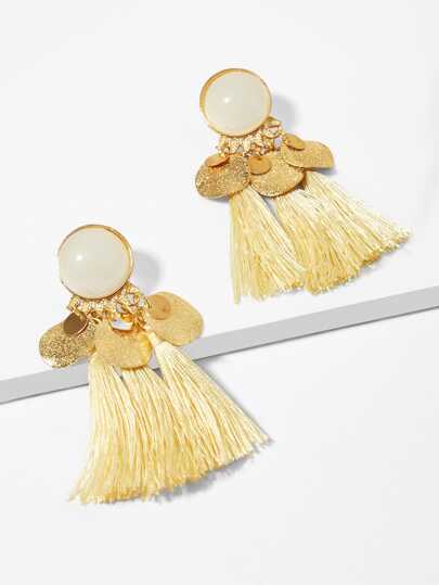 Gemstone & Disc Tassel Drop Earrings