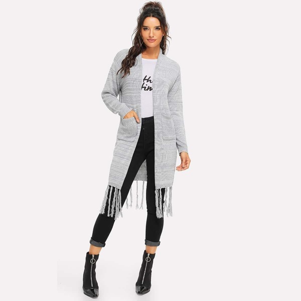 

Open Front Fringe Detail Knit Coat