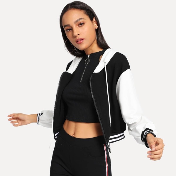 

Contrast Striped Drawstring Detail Hooded Sweatshirt, Black and white