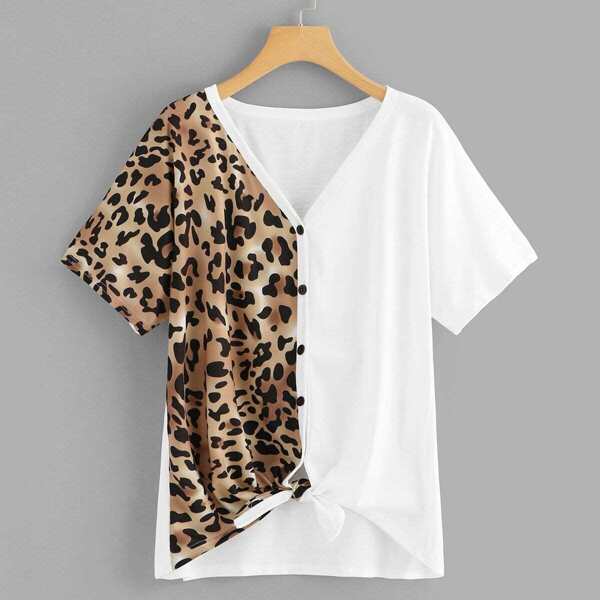 

Plus Button Through Knot Hem Leopard Print Tee
