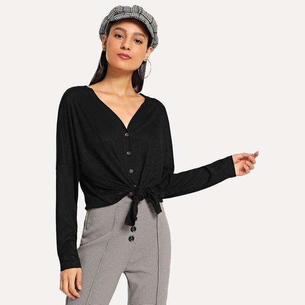 

V Neck Single Breasted Tee, Black