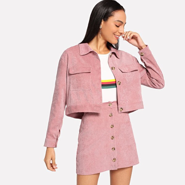 

Corduroy Pocket Decoration Top With Button Front Utility Skirt, Pink