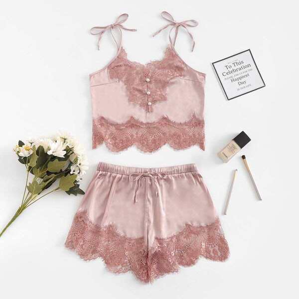 

Contrast Lace Cami Top & Shorts With Thong