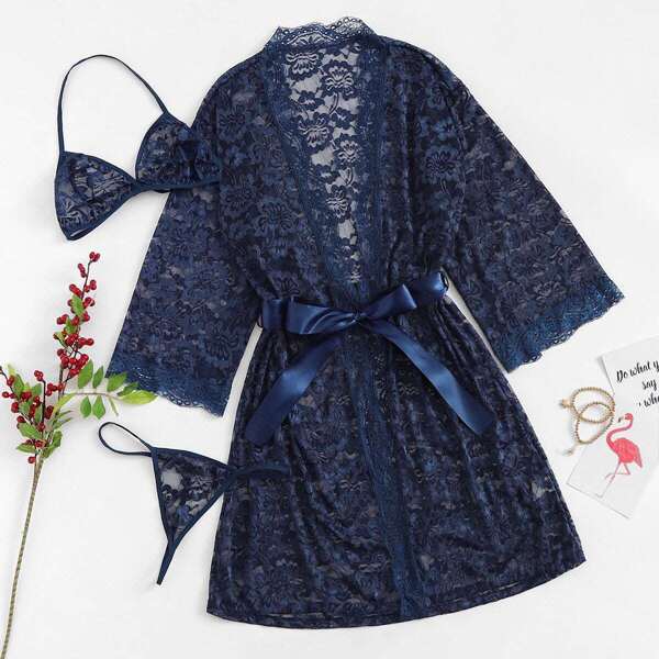 

Floral Lace Robe & Lingerie Set & Belt, Navy blue