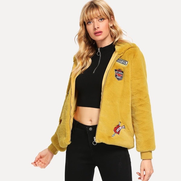

Zip Front Letter Hoodie Teddy Coat, Yellow
