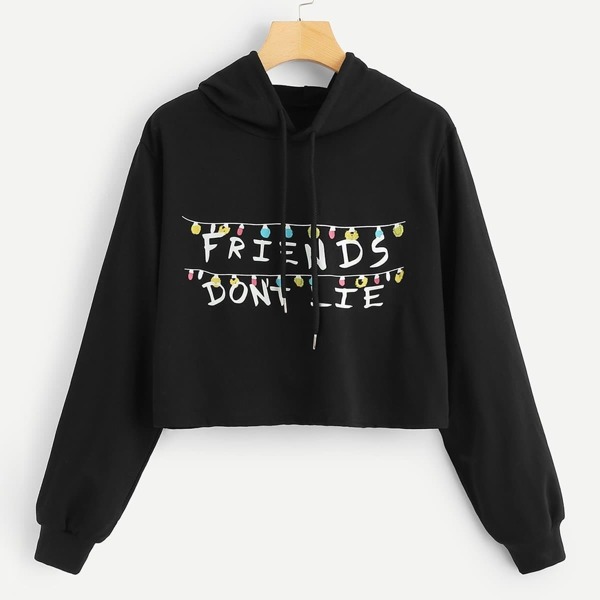 

Pompom Detail Slogan Graphic Hoodie, Black