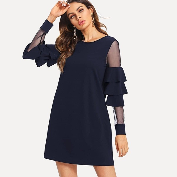 

Tiered Flounce Mesh Panel Sleeve Dress