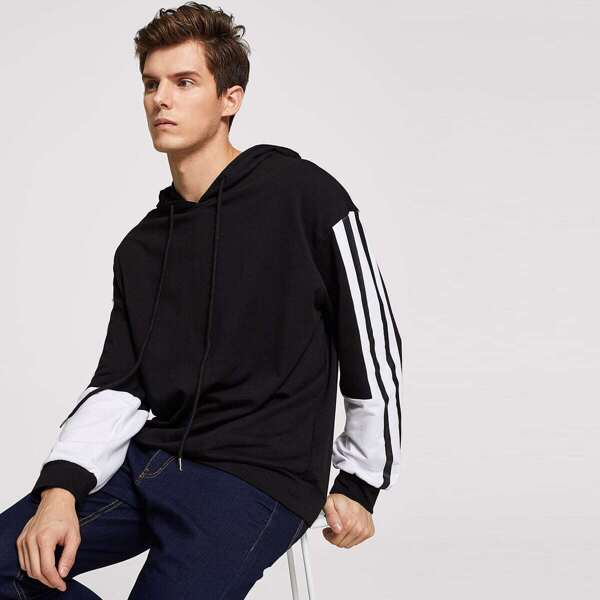 

Men Drawstring Color Block Hoodie, Black