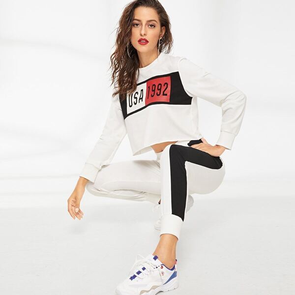 

Mixed Print Crop Top & Sweatpants Set, White