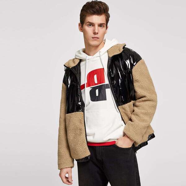 

Men Two Tone Mixed Media Teddy Jacket, Multicolor