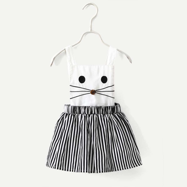 

Toddler Girls Embroidery Detail Striped Straps Dress, Black and white