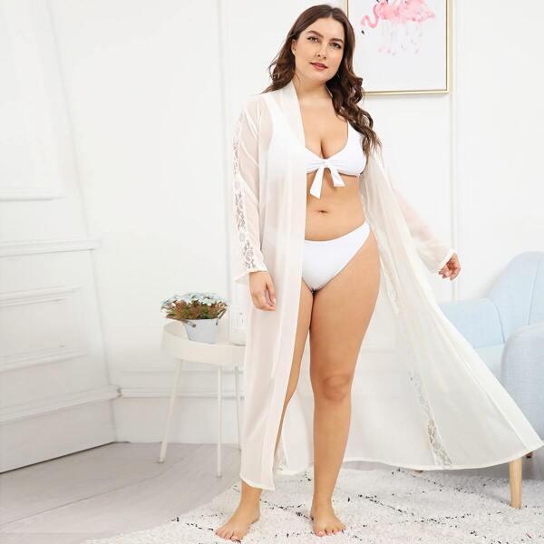 

Plus Lace Insert Self Belted Sheer Longline Robe