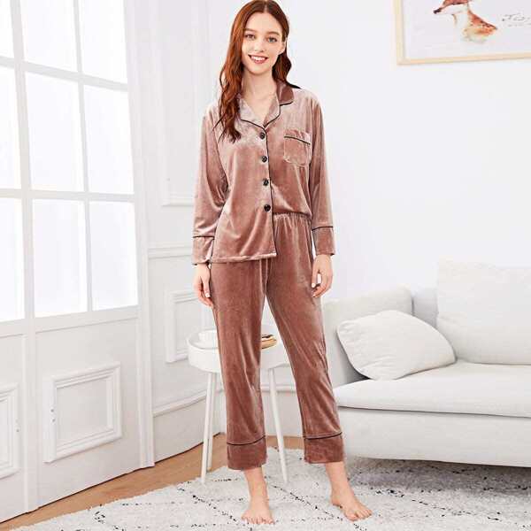 

Contrast Binding Pocket Front Velvet Pajama Set