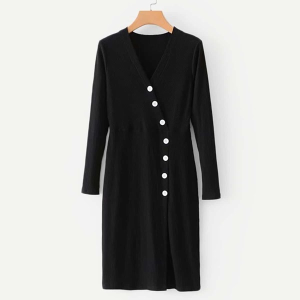 

Button Front Slit Side Sweater Dress