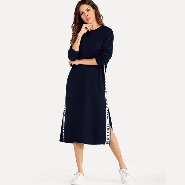 

Letter Tape Side Split Sweatshirt Dress, Navy