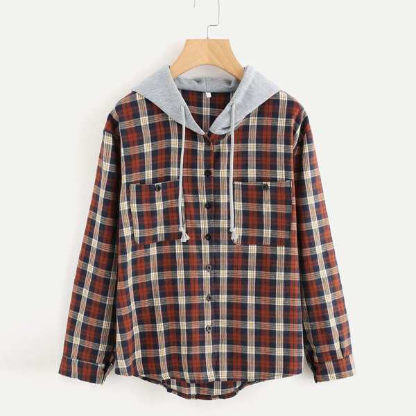 

Plus Pocket Decoration Plaid Hooded Sweatshirt